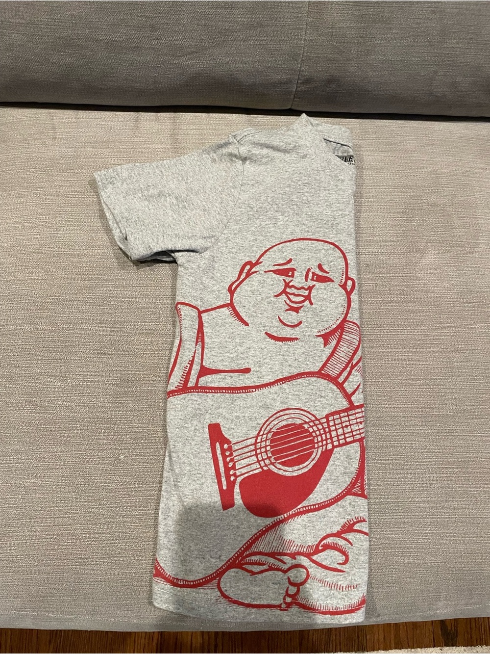 True Religion Heather Gray Crewneck Tee with Buddha playing guitar. Size 7 boys
